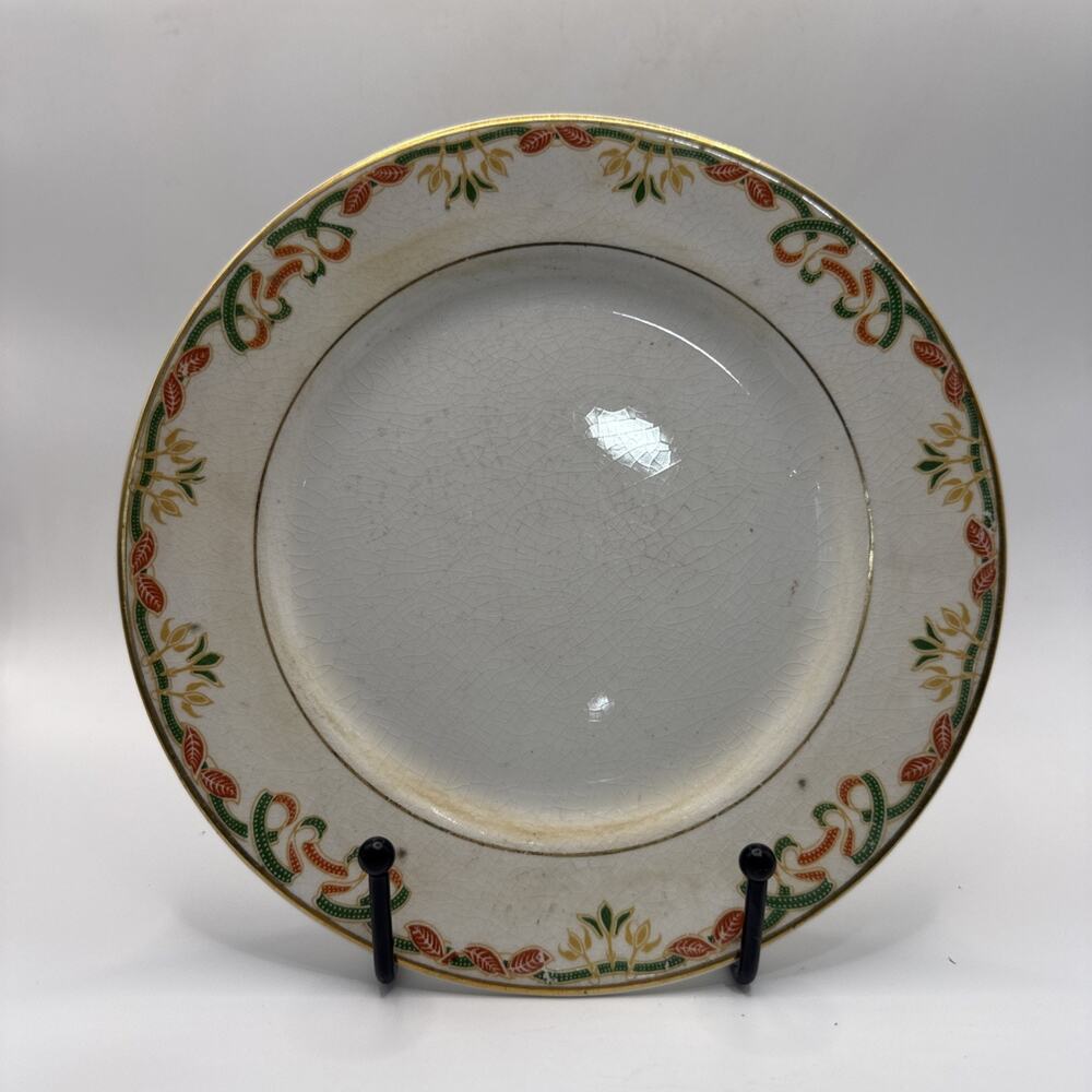 Vintage Mercer China 7 1/4” Salad Plate Art Deco Green Orange Gold Border USA *